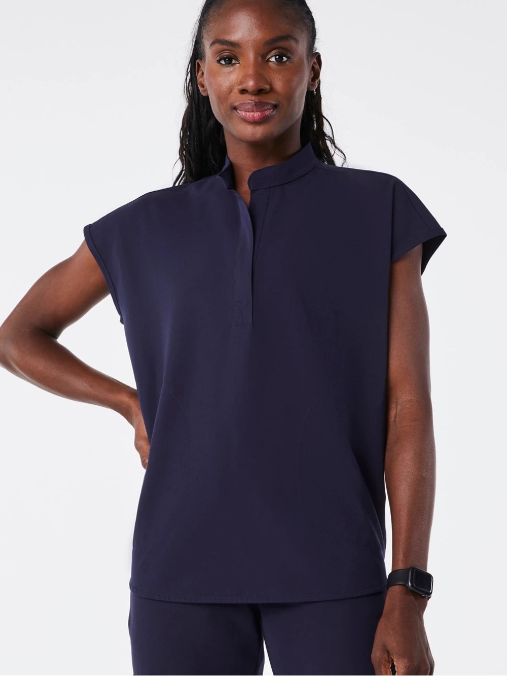 Cap Sleeve Mandarin Collar Tee - Navy